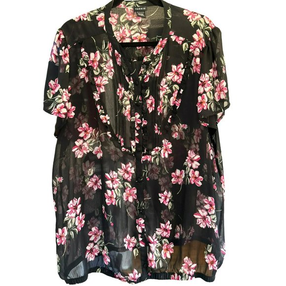 Torrid Women's Black Floral Short Sleeve Plus Size Blouse Size 3 Ruffled Detail - Picture 1 of 4